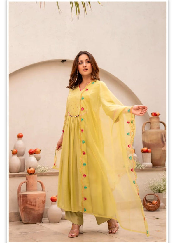 Elegant Lime Yellow Anarkali Kurta Set with Embroidered Dupatta