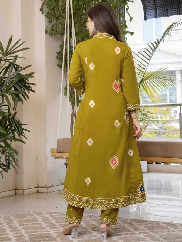 Elegant Olive Green Anarkali Kurta Set with Printed Dupatta