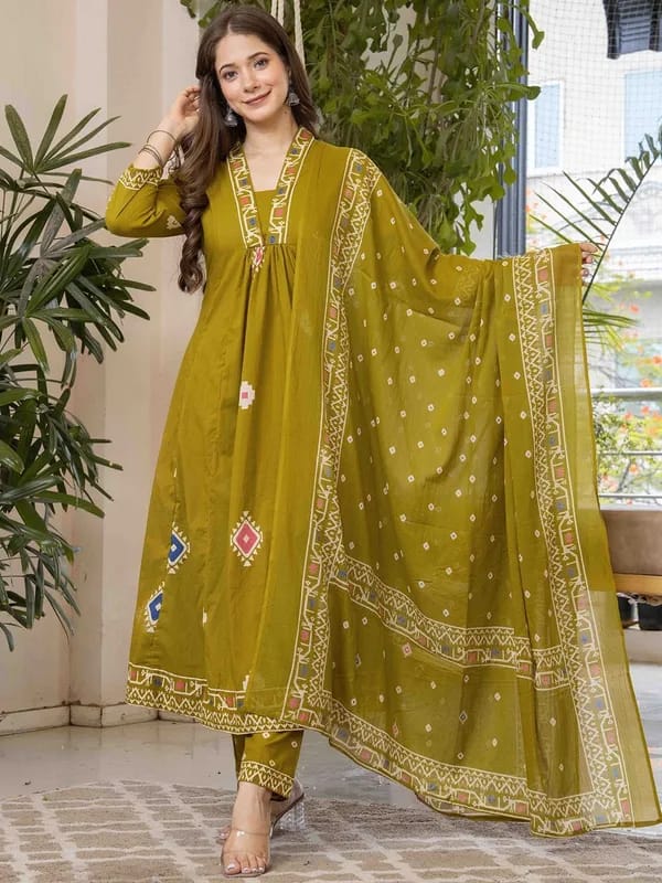 Elegant Olive Green Anarkali Kurta Set with Printed Dupatta