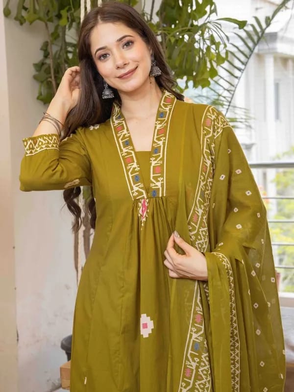 Elegant Olive Green Anarkali Kurta Set with Printed Dupatta