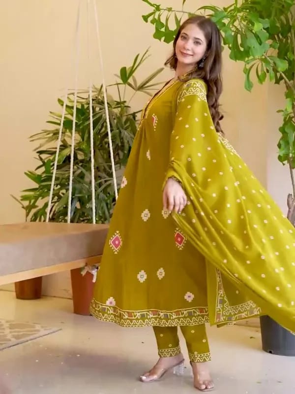 Elegant Olive Green Anarkali Kurta Set with Printed Dupatta
