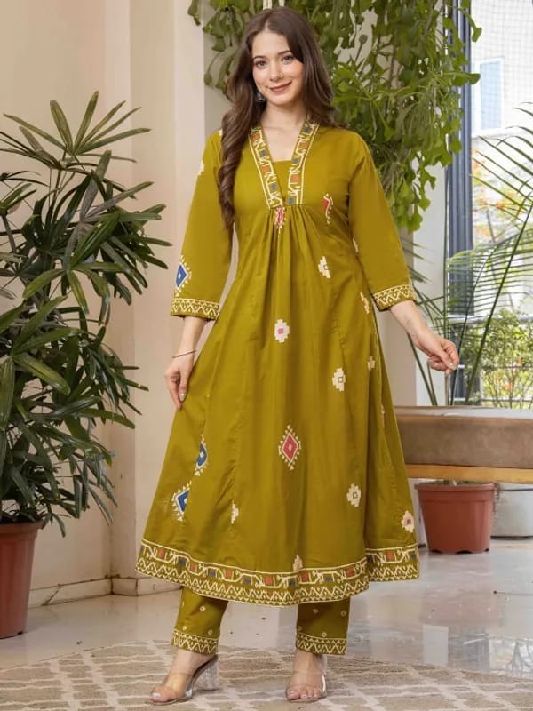 Elegant Olive Green Anarkali Kurta Set with Printed Dupatta
