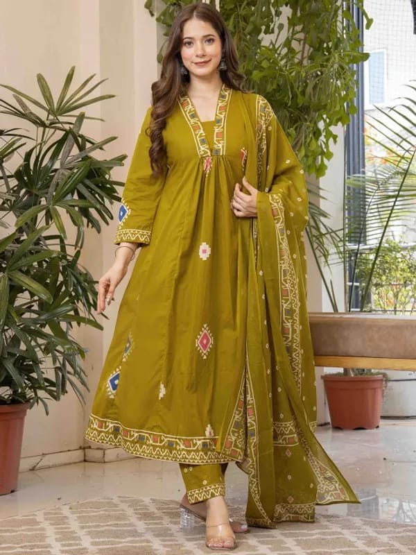 Elegant Olive Green Anarkali Kurta Set with Printed Dupatta