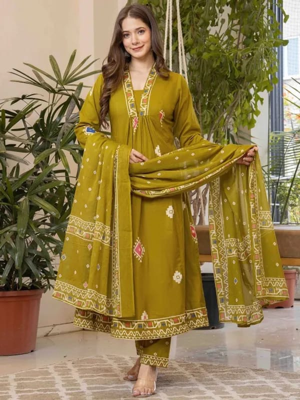 Elegant Olive Green Anarkali Kurta Set with Printed Dupatta
