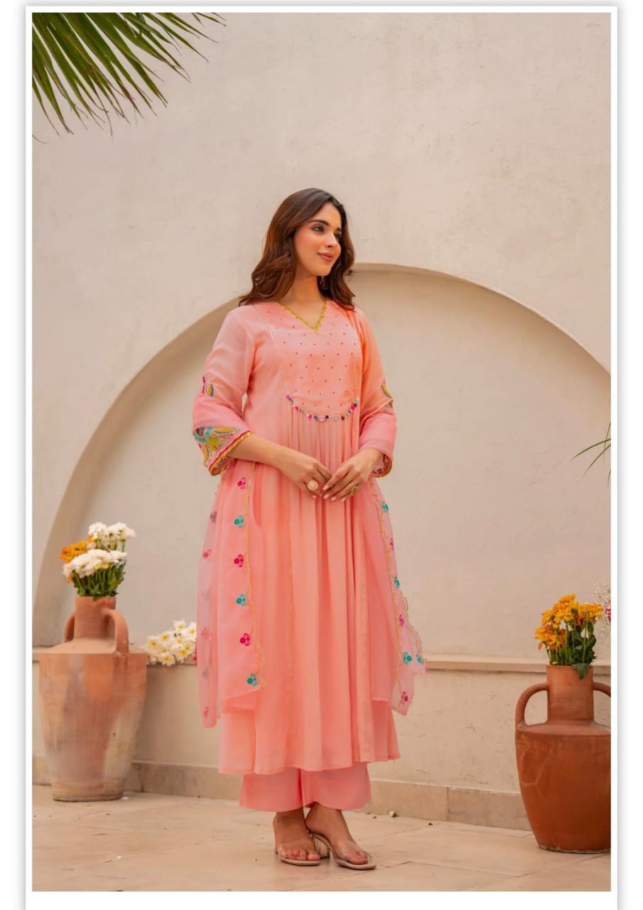 Elegant Peach Anarkali Kurta Set with Embroidered Dupatta