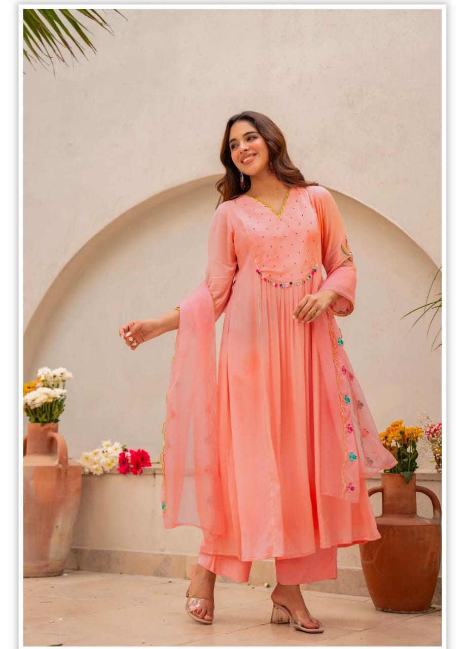 Elegant Peach Anarkali Kurta Set with Embroidered Dupatta