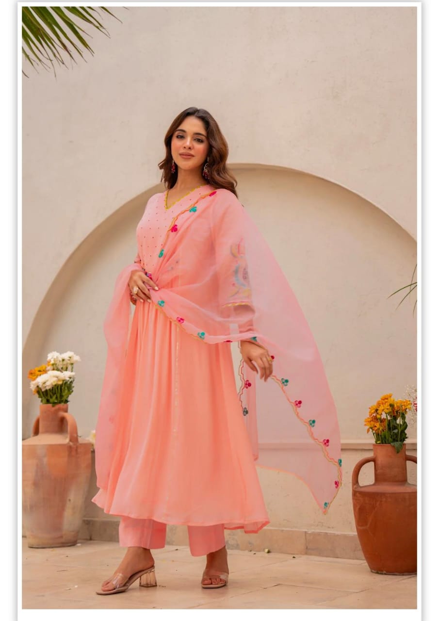 Elegant Peach Anarkali Kurta Set with Embroidered Dupatta