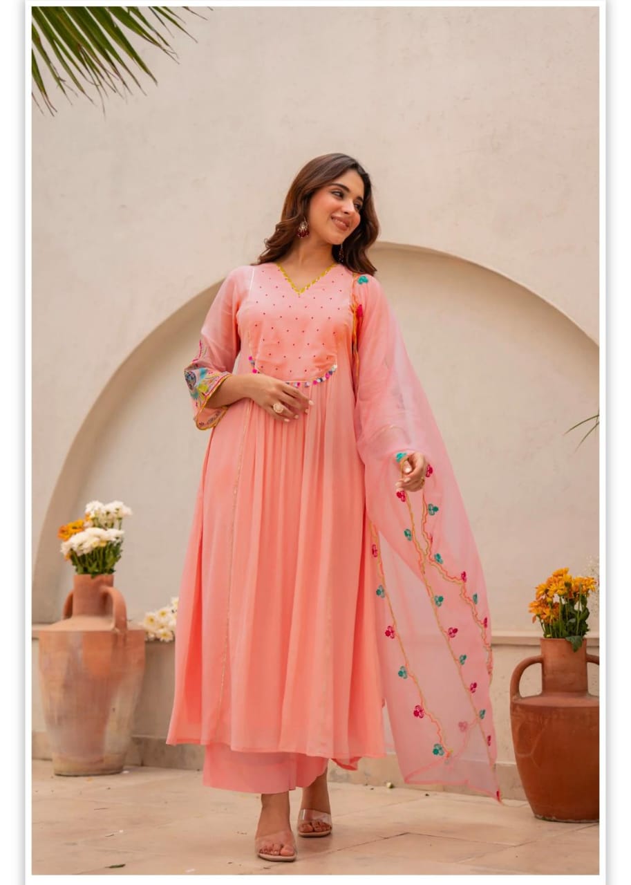 Elegant Peach Anarkali Kurta Set with Embroidered Dupatta