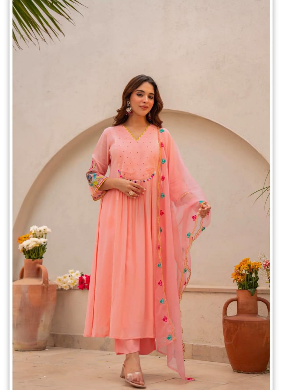 Elegant Peach Anarkali Kurta Set with Embroidered Dupatta