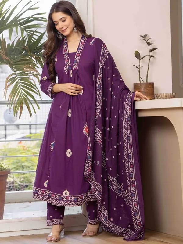 Elegant Purple Printed Anarkali Kurta Set