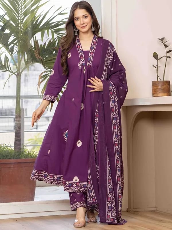 Elegant Purple Printed Anarkali Kurta Set