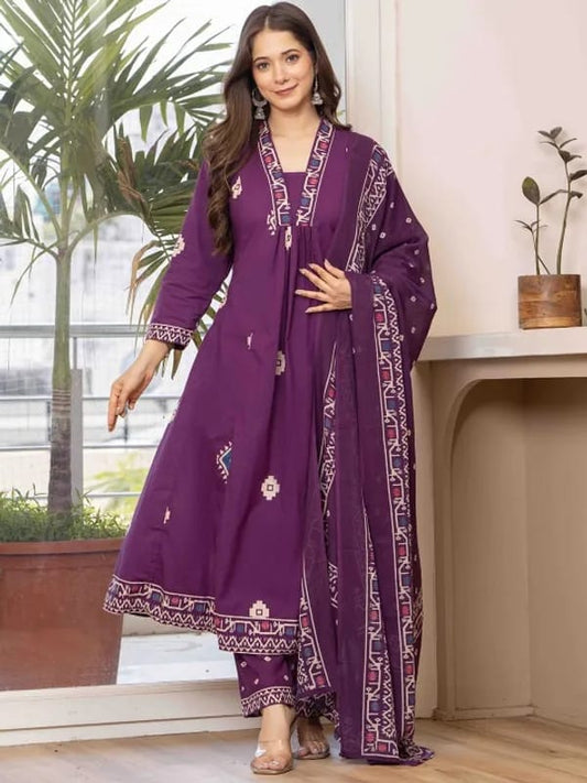 Elegant Purple Printed Anarkali Kurta Set
