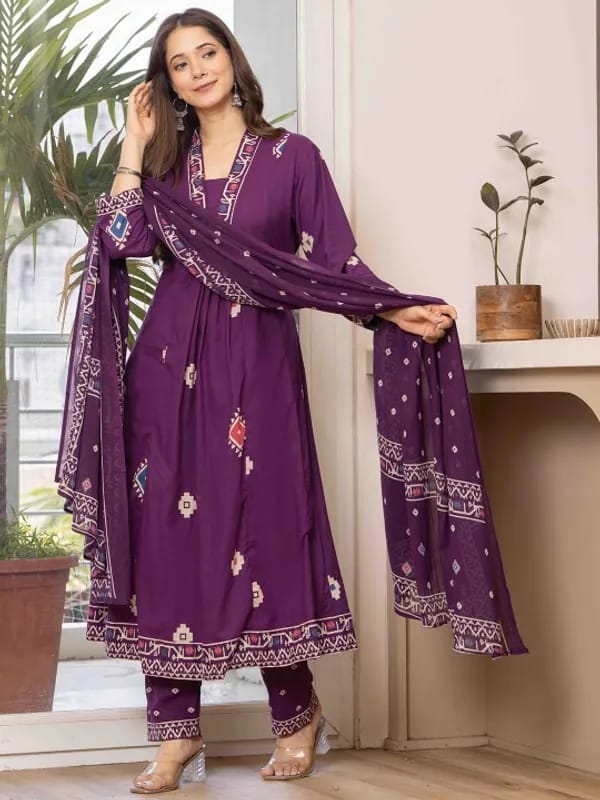 Elegant Purple Printed Anarkali Kurta Set