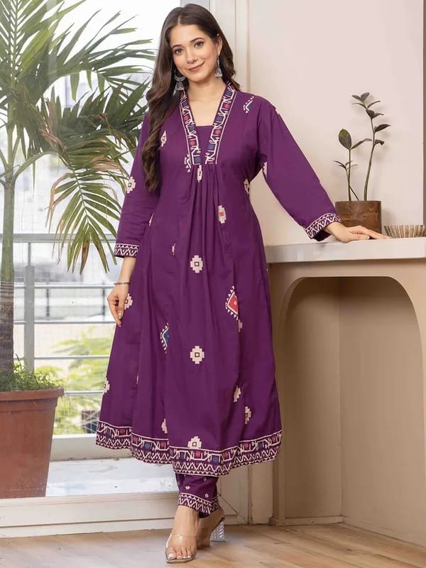 Elegant Purple Printed Anarkali Kurta Set