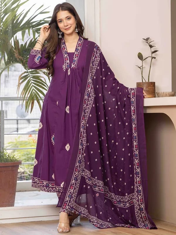 Elegant Purple Printed Anarkali Kurta Set