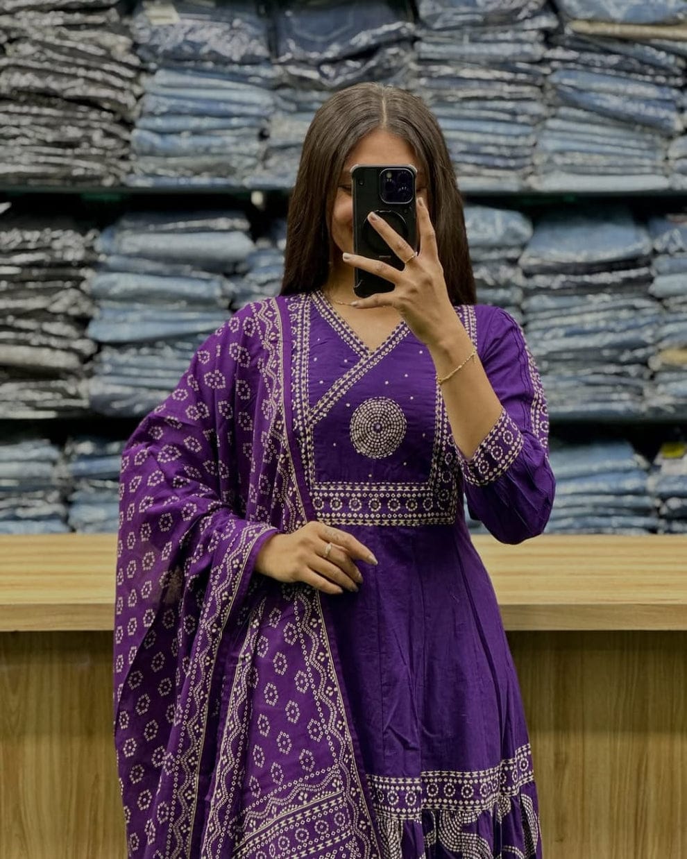 Elegant Purple Printed Anarkali Suit Set with Dupatta