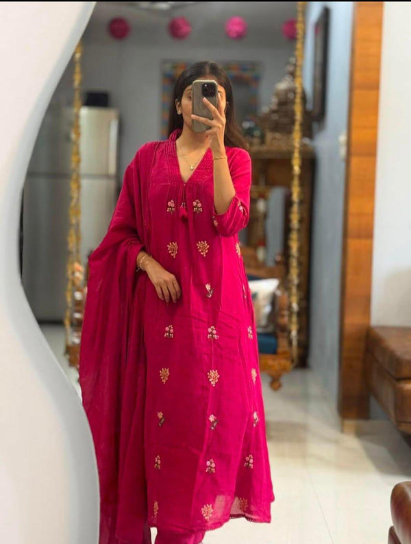 Elegant Rani Pink Embroidered Kurta Set with Dupatta  Description: