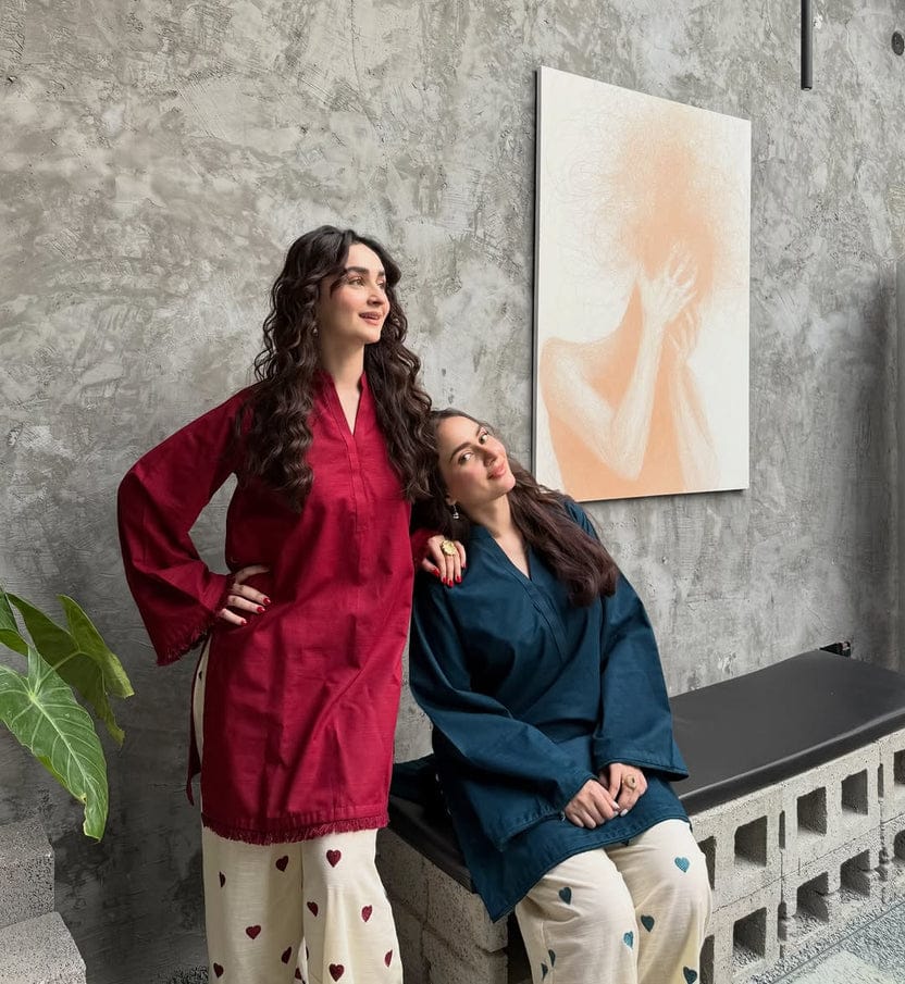 Elegant Red Kurta with Ivory Heart-Print Skirt Set