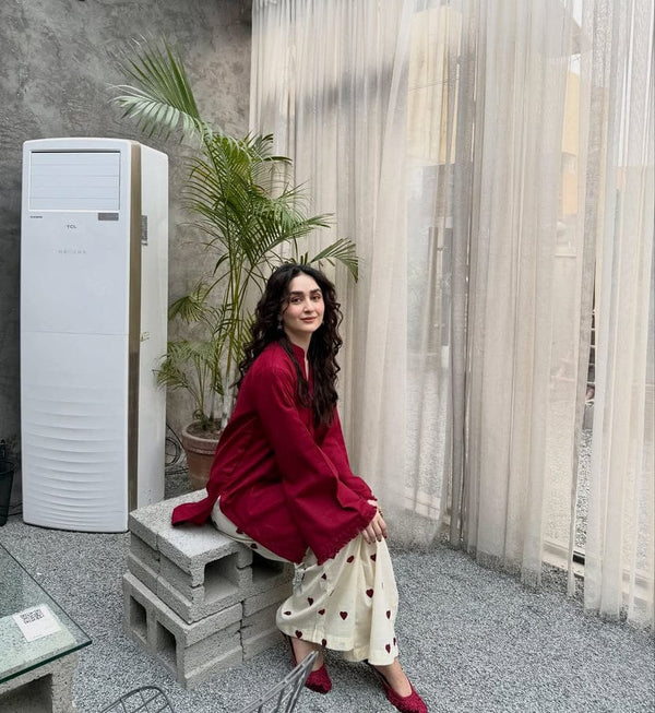 Elegant Red Kurta with Ivory Heart-Print Skirt Set