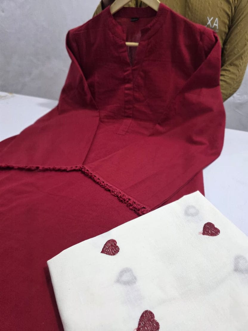 Elegant Red Kurta with Ivory Heart-Print Skirt Set