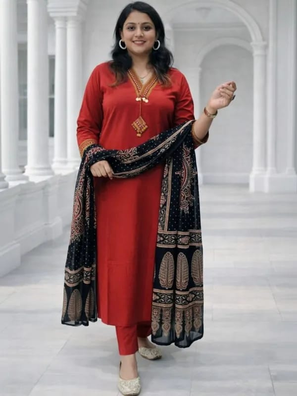 Elegant Red Straight Kurta Set with Black Ethnic Dupatta