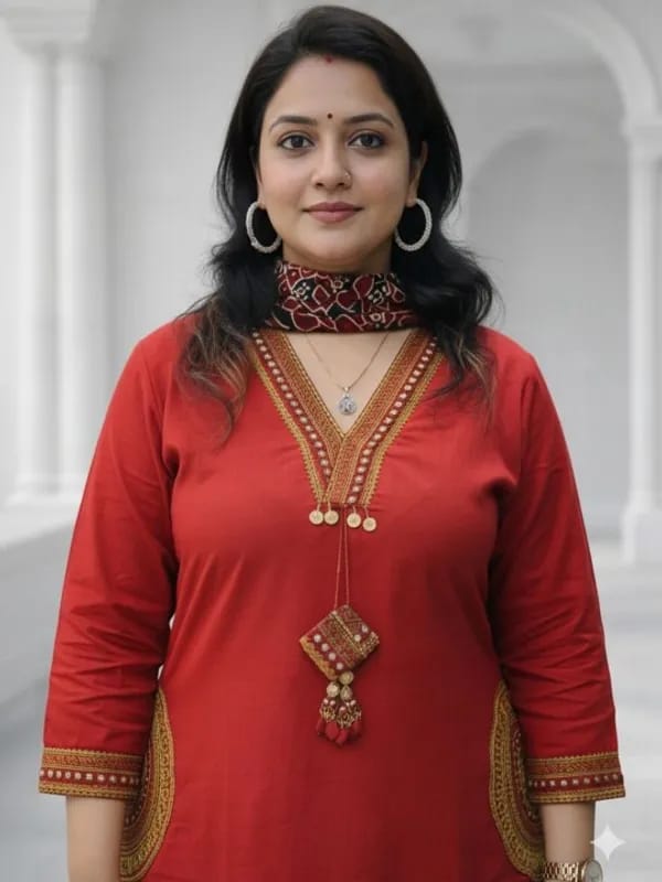 Elegant Red Straight Kurta Set with Black Ethnic Dupatta