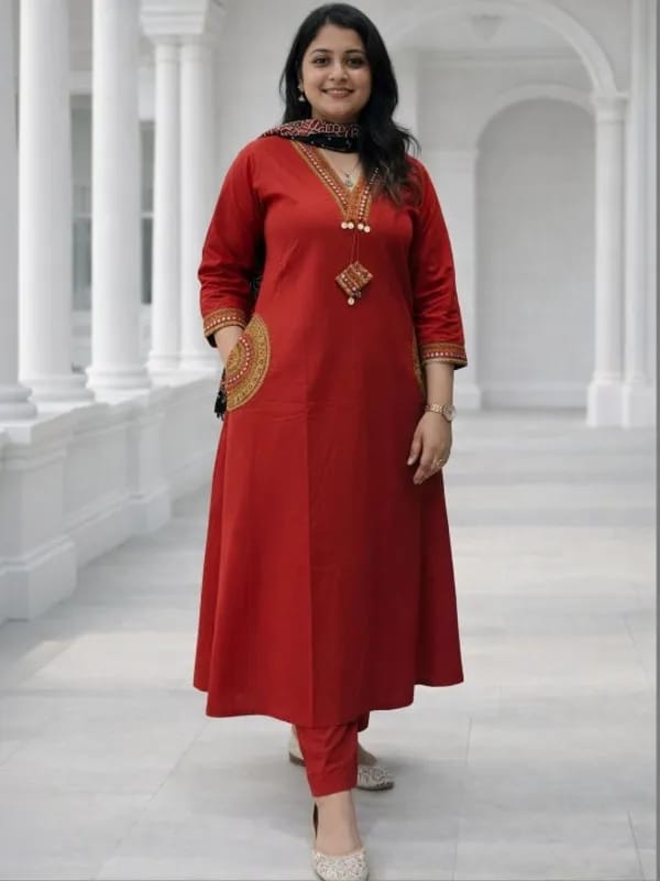 Elegant Red Straight Kurta Set with Black Ethnic Dupatta