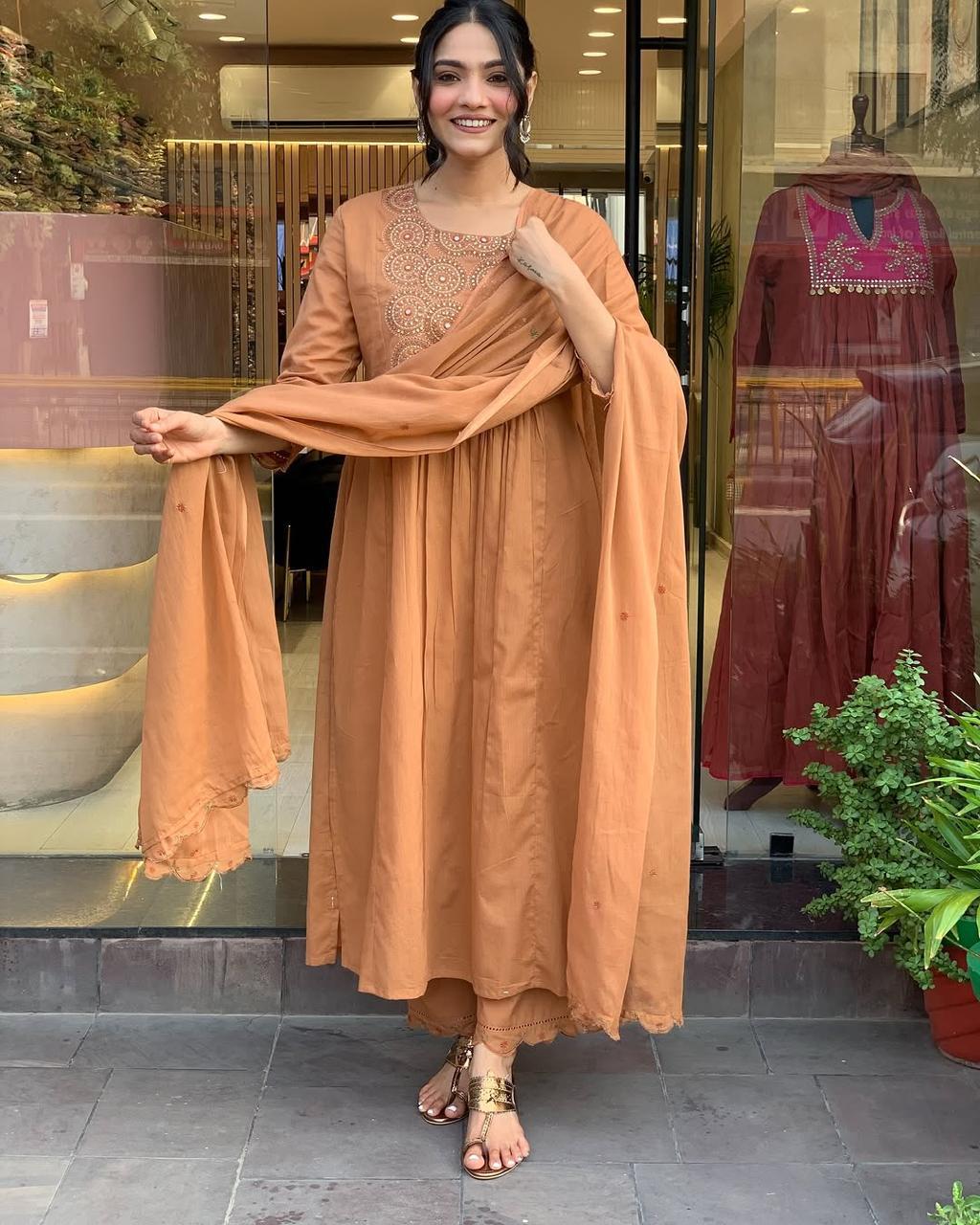 Elegant Rust Embroidered Kurta Set with Dupatta