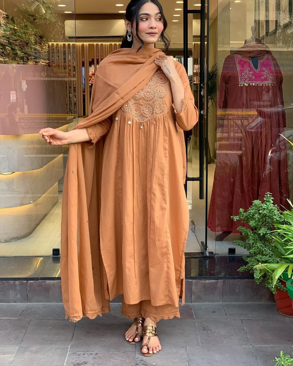 Elegant Rust Embroidered Kurta Set with Dupatta