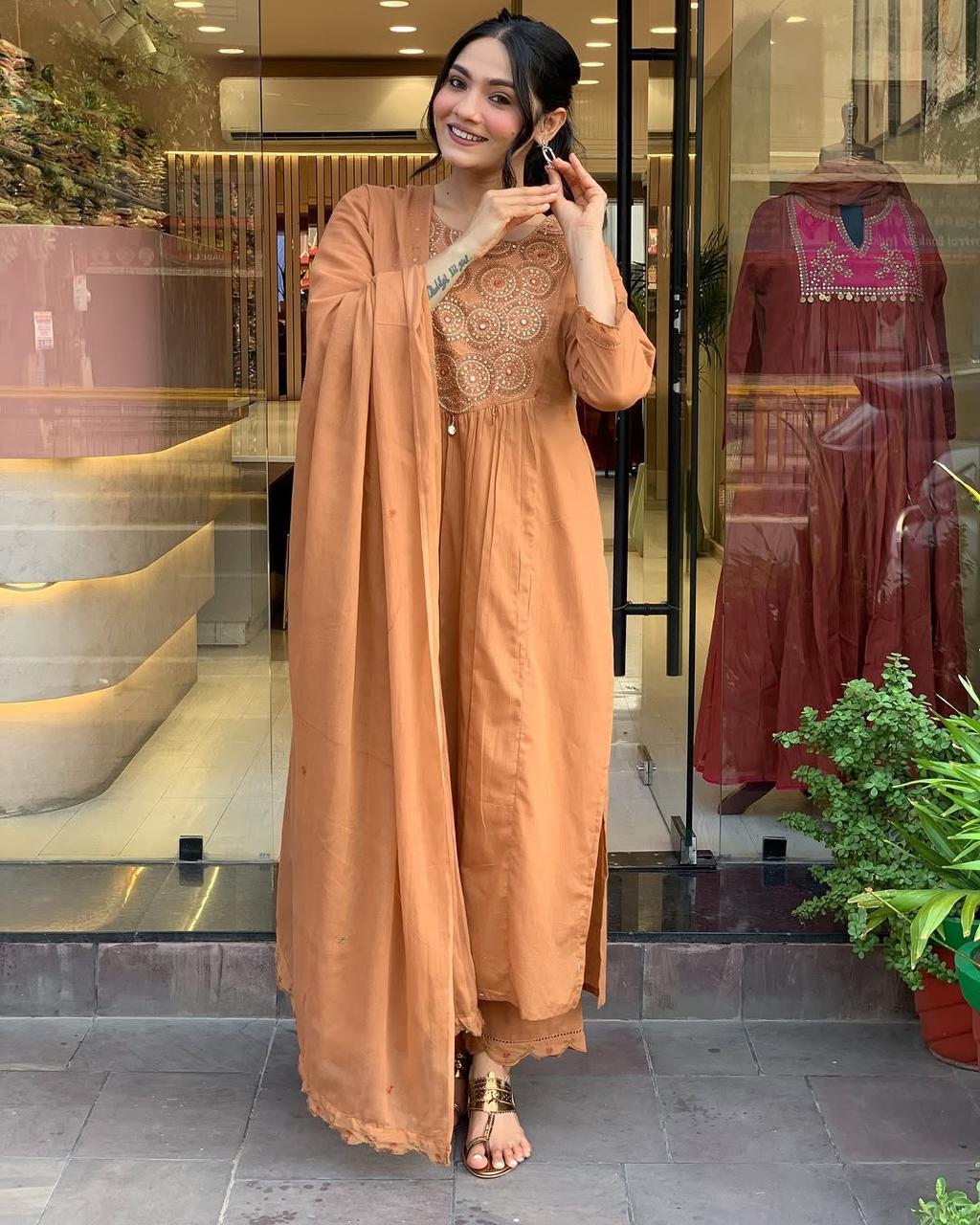 Elegant Rust Embroidered Kurta Set with Dupatta
