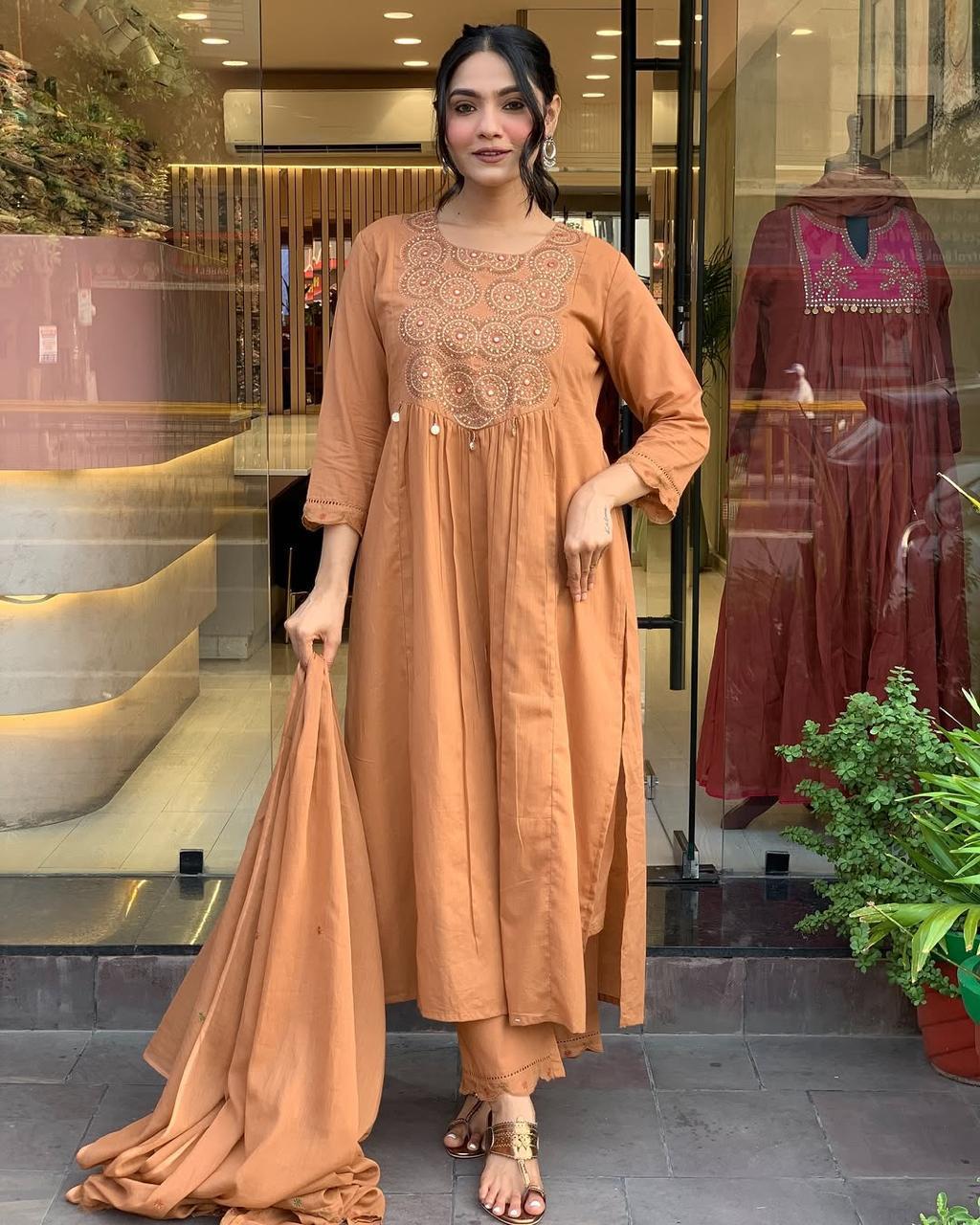 Elegant Rust Embroidered Kurta Set with Dupatta