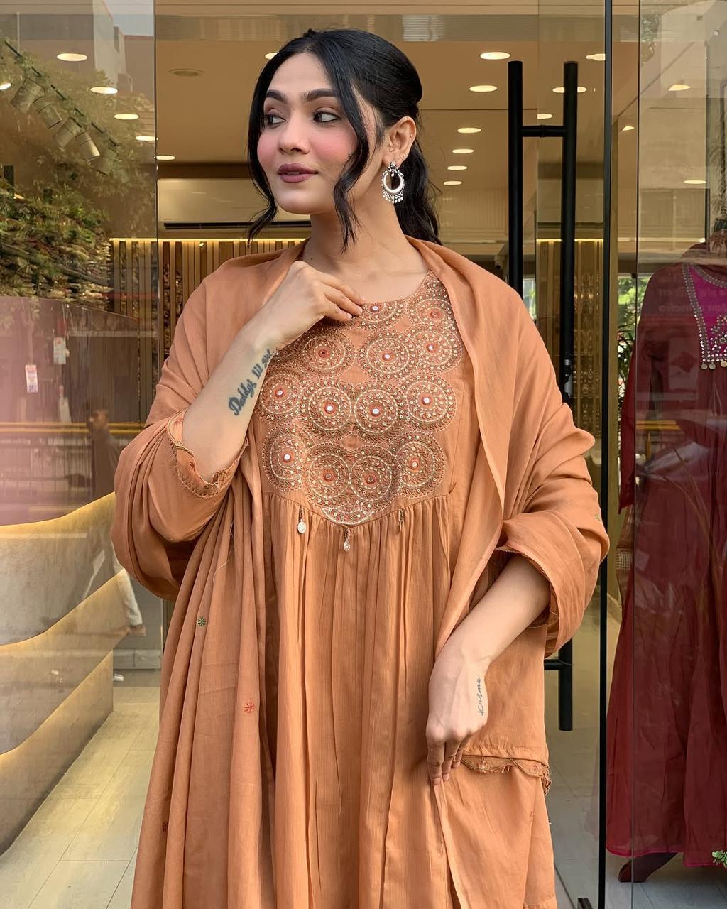 Elegant Rust Embroidered Kurta Set with Dupatta