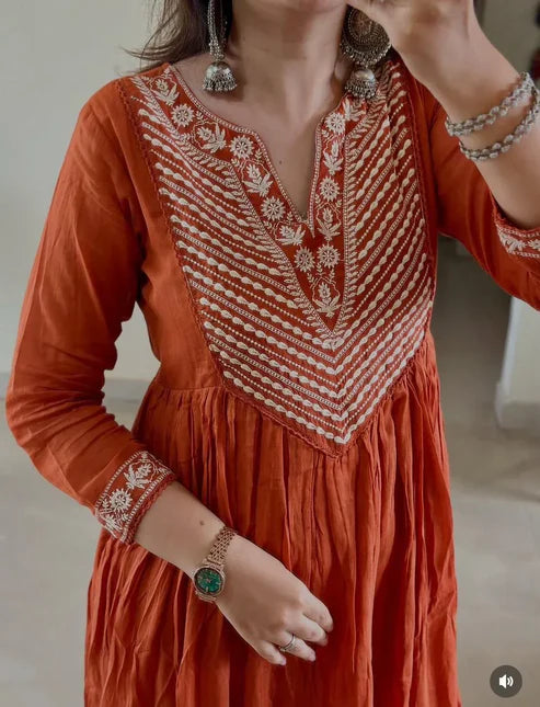 Elegant Rust Orange Anarkali Suit with Embroidered Detailing