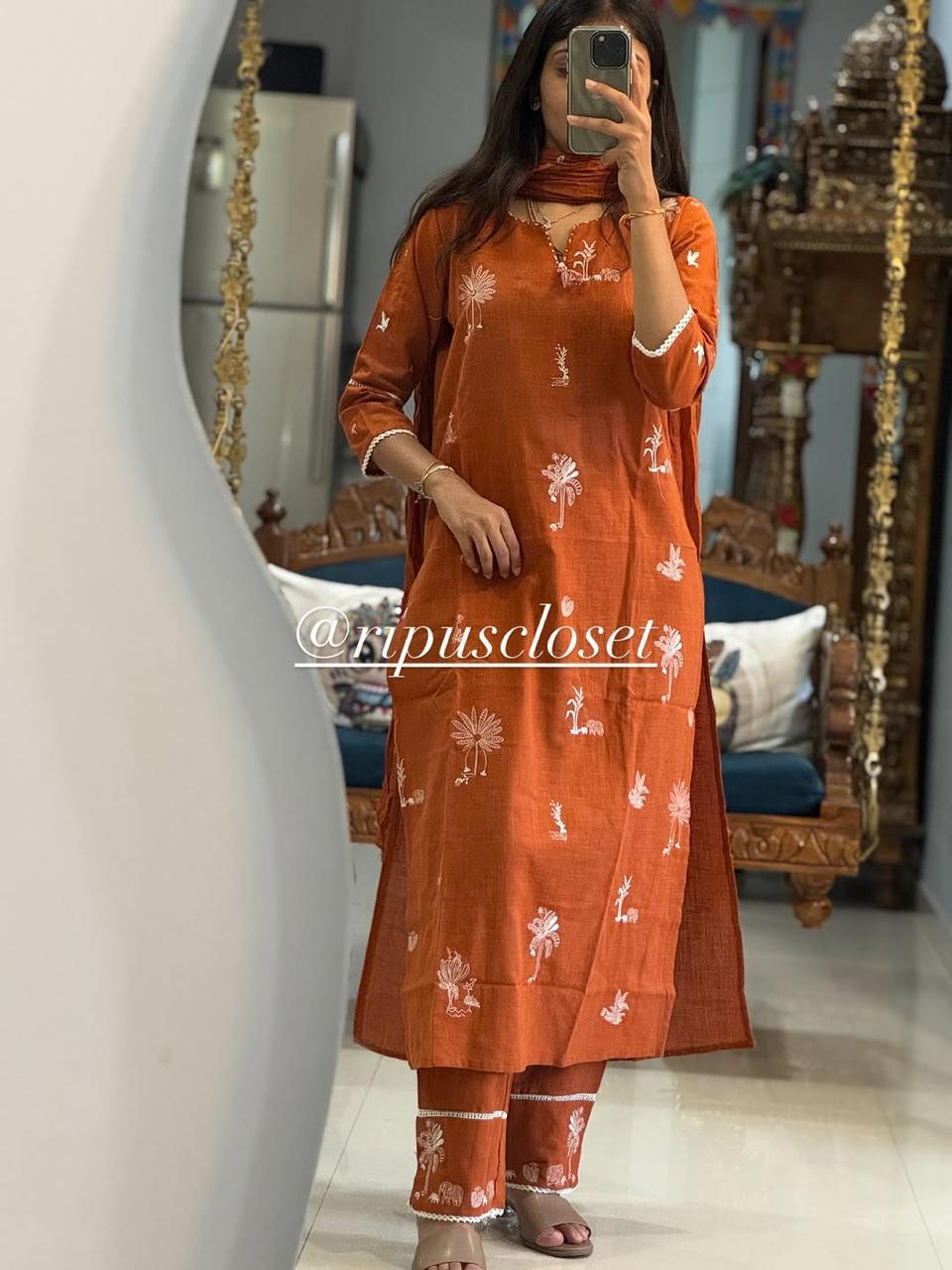 Elegant Rust Orange Hand-Printed Kurta Set with Dupatta