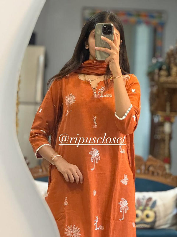 Elegant Rust Orange Hand-Printed Kurta Set with Dupatta