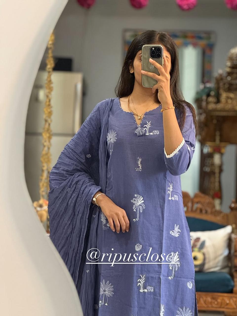 Elegant Steel Blue Printed Kurta Set with Dupatta