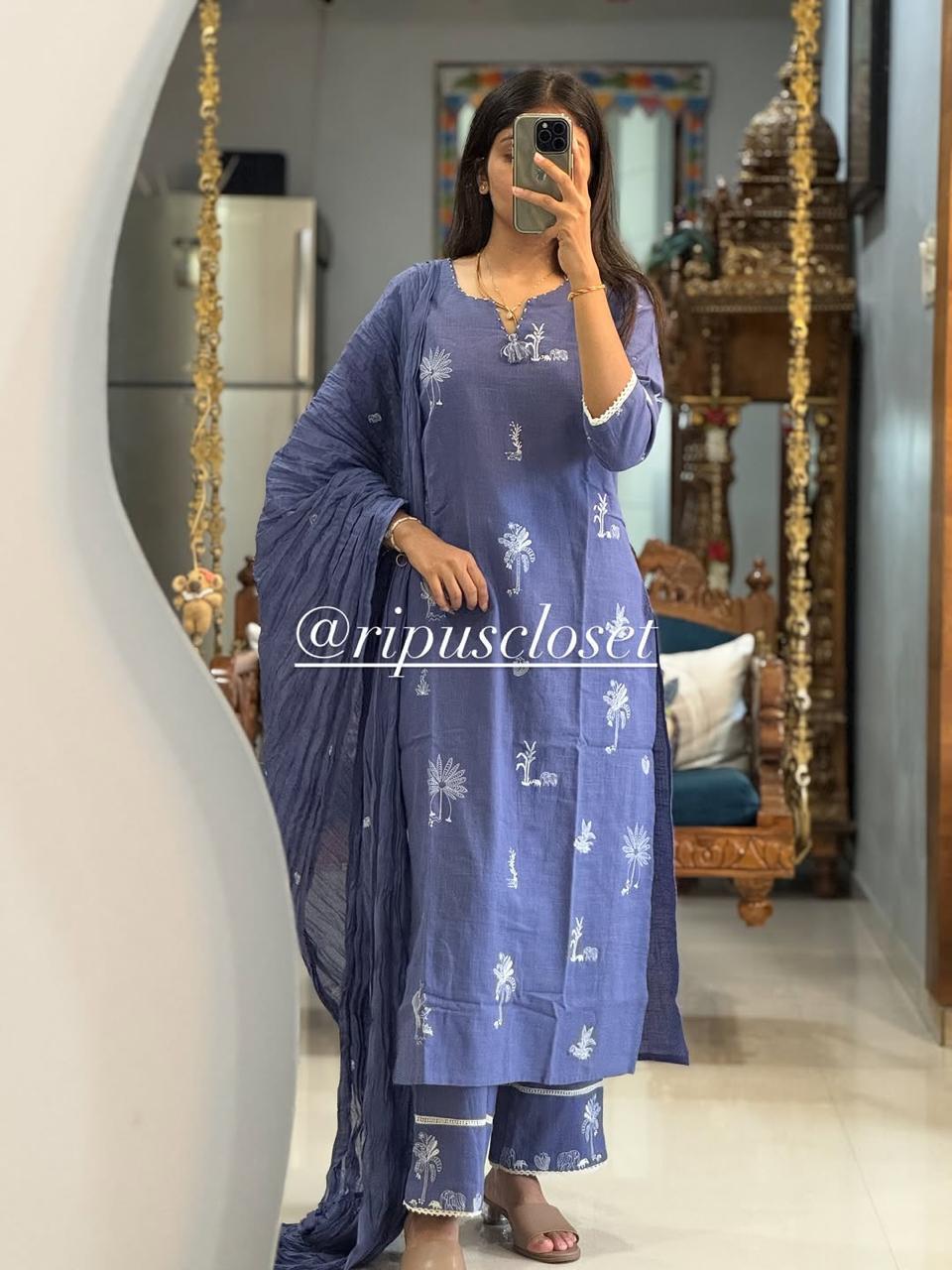 Elegant Steel Blue Printed Kurta Set with Dupatta