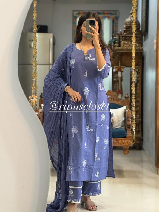 Elegant Steel Blue Printed Kurta Set with Dupatta