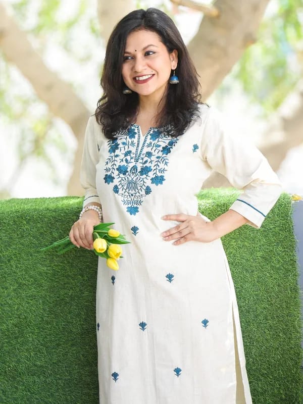 Elegant White & Blue Thread Embroidered Kurta Set