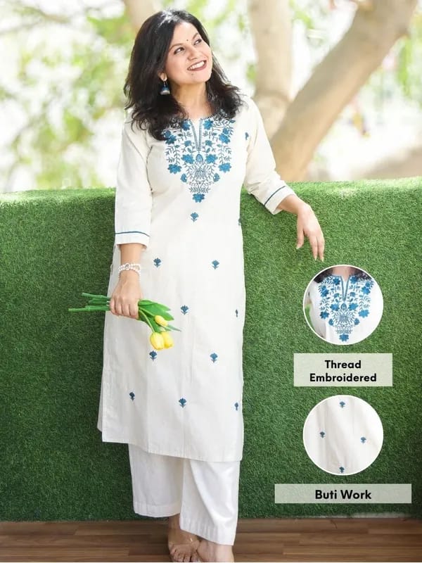 Elegant White & Blue Thread Embroidered Kurta Set