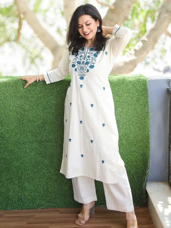 Elegant White & Blue Thread Embroidered Kurta Set