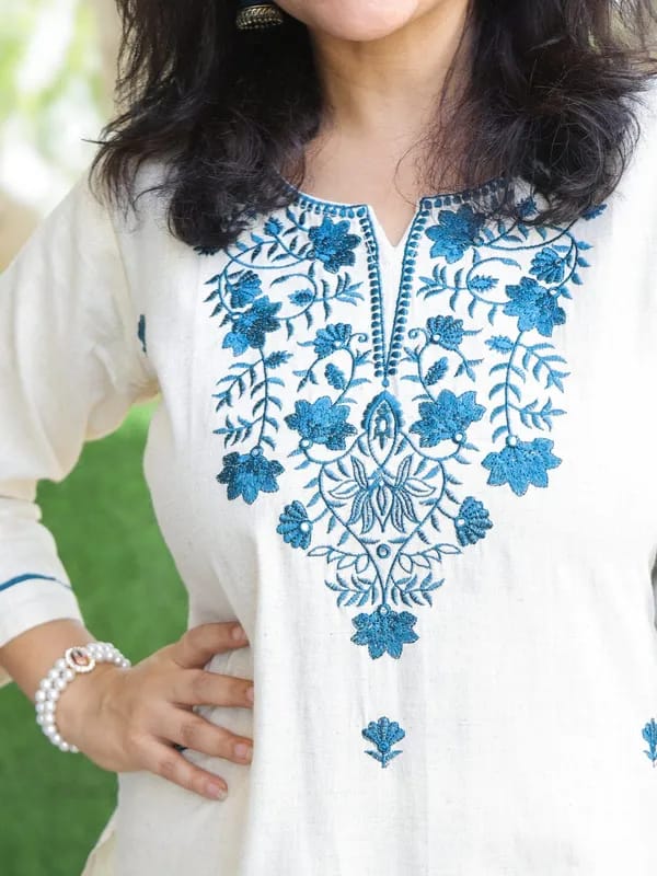 Elegant White & Blue Thread Embroidered Kurta Set