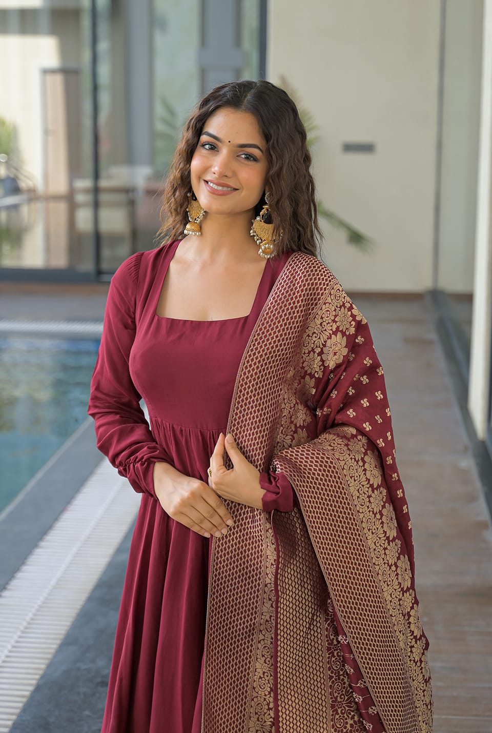Elegant Wine Anarkali Kurta Set with Banarasi Dupatta