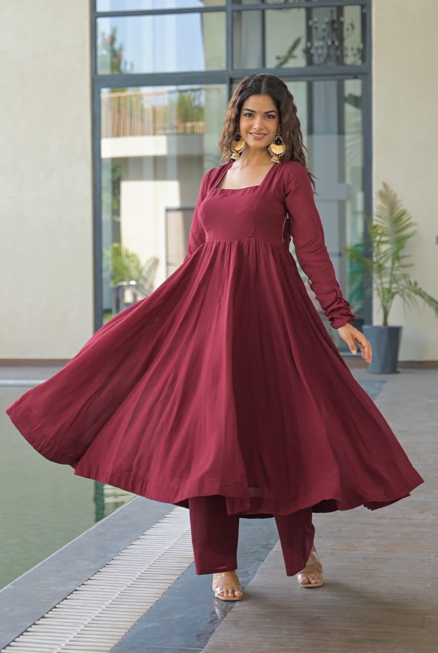 Elegant Wine Anarkali Kurta Set with Banarasi Dupatta