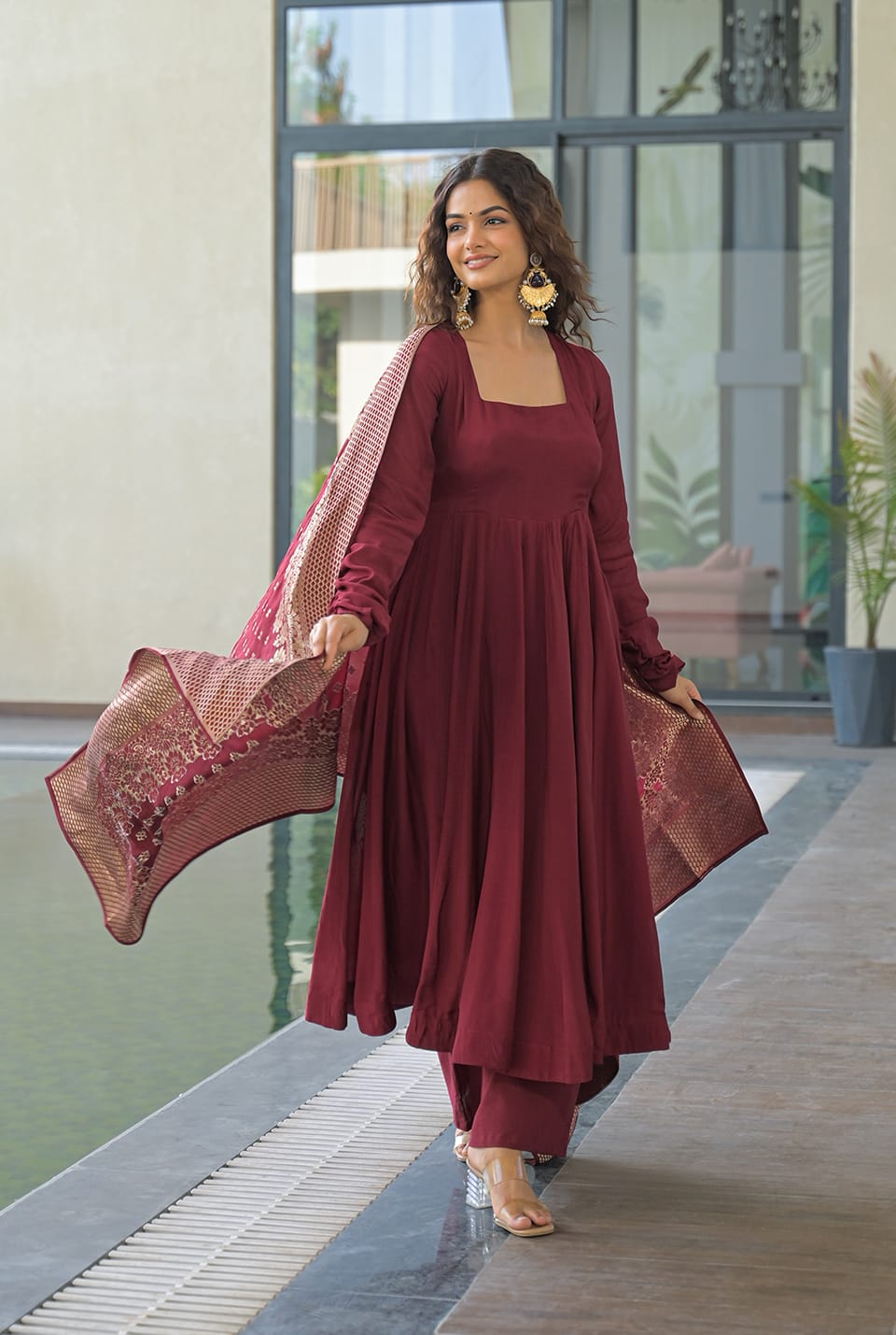 Elegant Wine Anarkali Kurta Set with Banarasi Dupatta