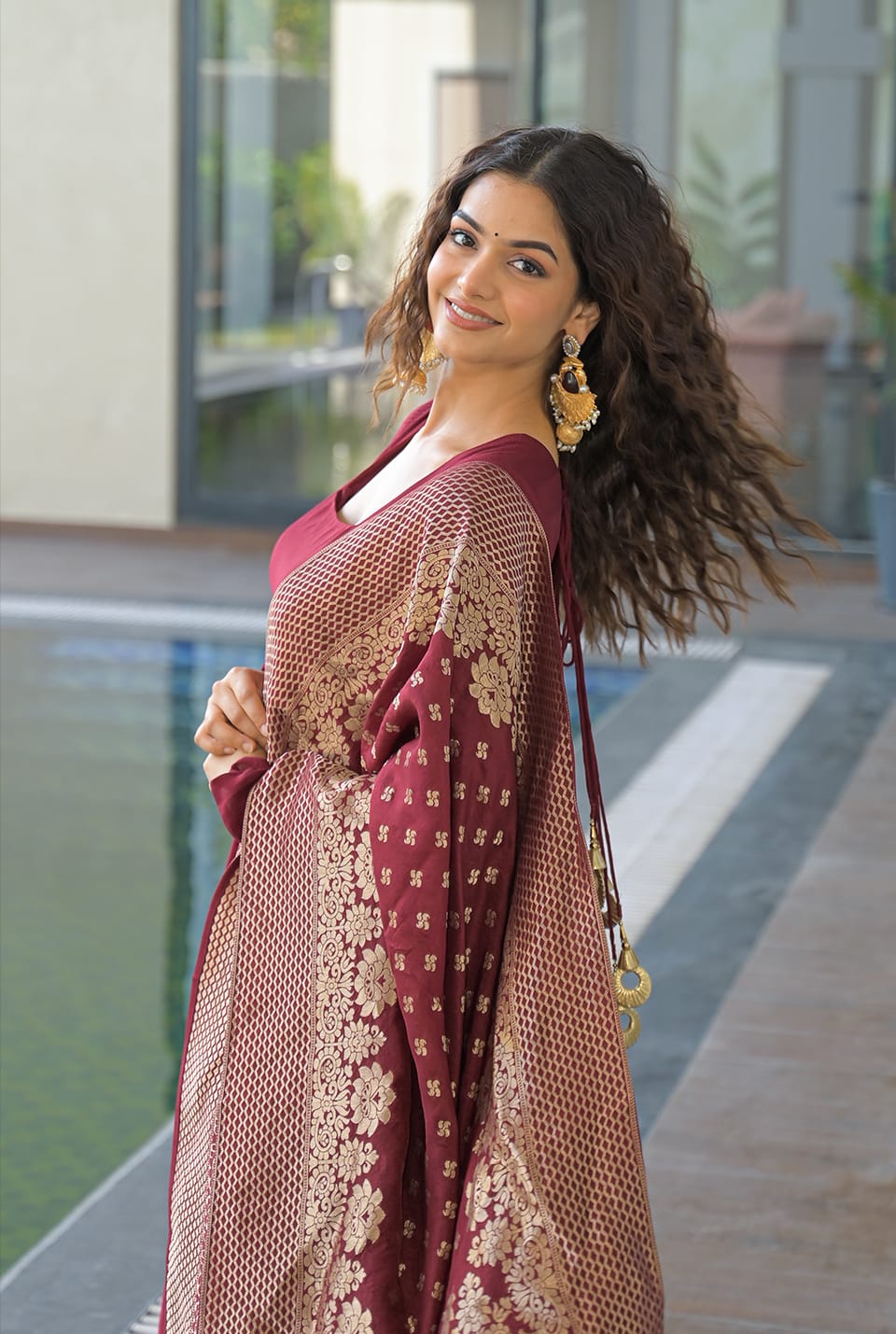 Elegant Wine Anarkali Kurta Set with Banarasi Dupatta
