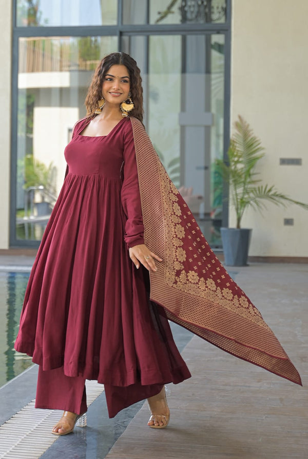 Elegant Wine Anarkali Kurta Set with Banarasi Dupatta