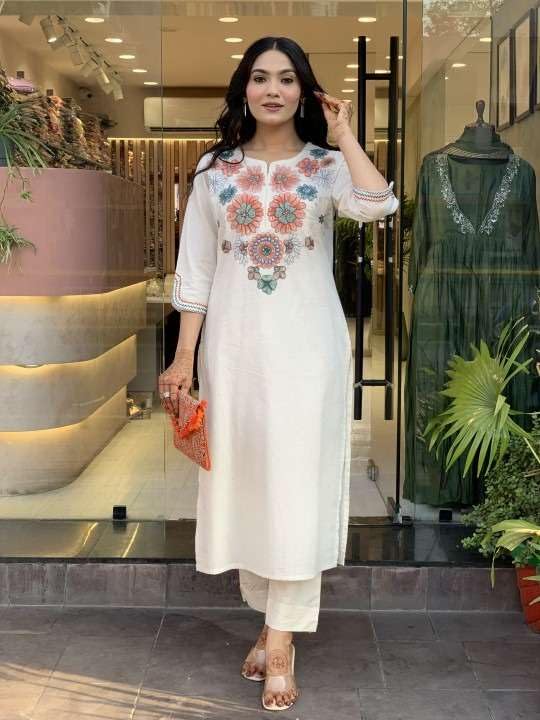 Embroidered White Kurti with Straight Pants For Women