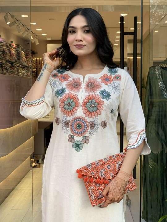 Embroidered White Kurti with Straight Pants For Women