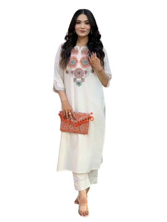 Embroidered White Kurti with Straight Pants For Women